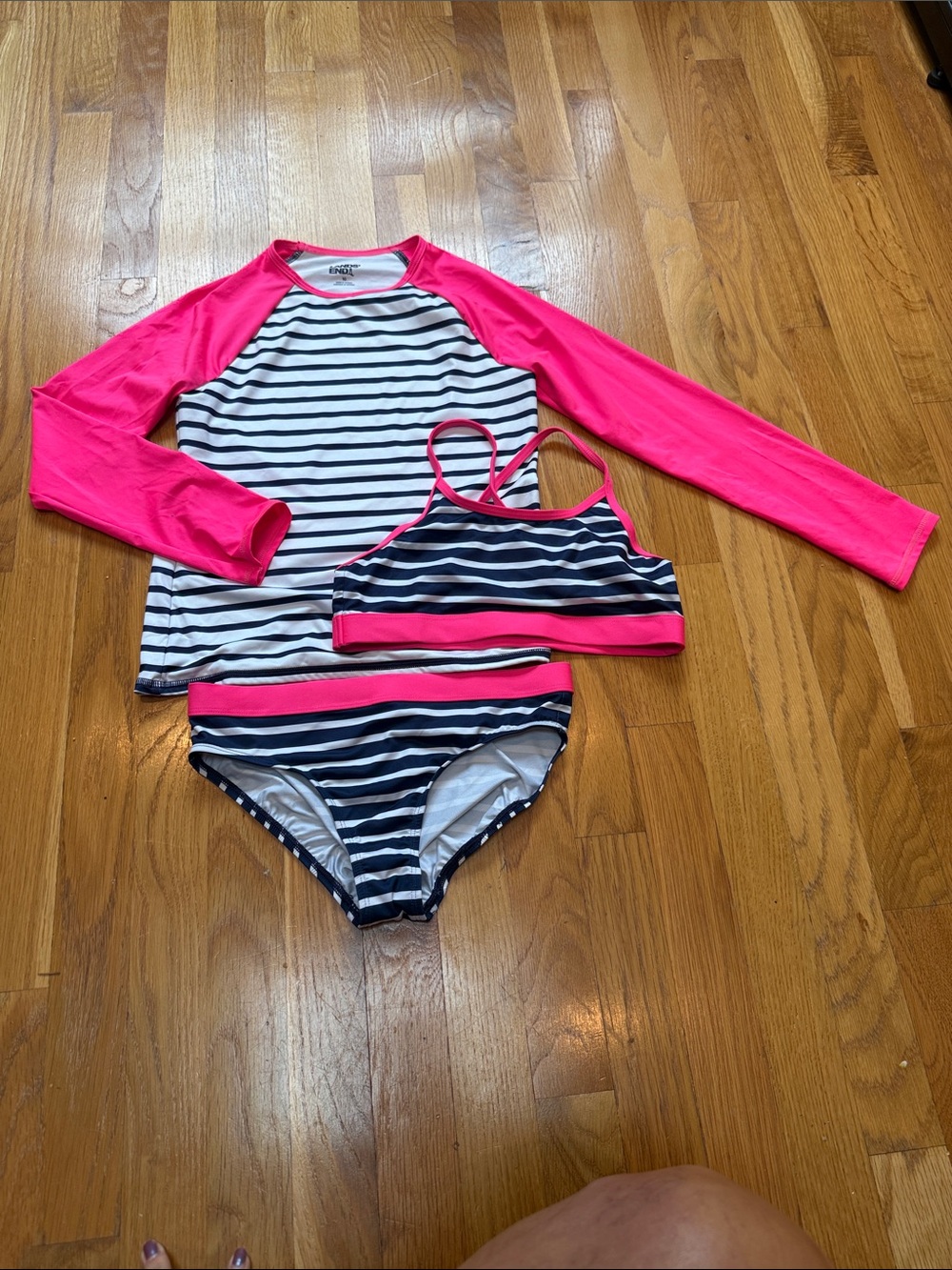 Lands' End Girls' Navy & White Striped 3-Piece Swim Set with Hot Pink Accents